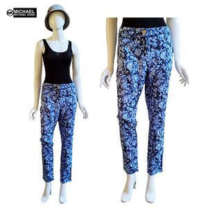 MICHAEL Michael Kors Navy Blue Floral Leaf Cotton Stretch Skinny Trousers NEW